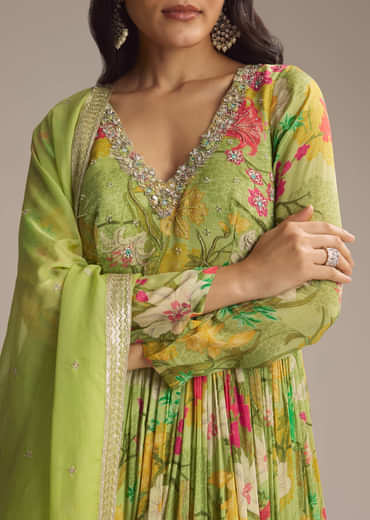 Light Green Chinon Anarkali Suit With Floral Print