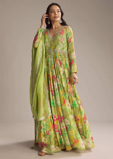 Light Green Chinon Anarkali Suit With Floral Print