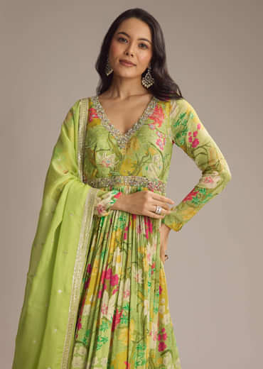 Light Green Chinon Anarkali Suit With Floral Print
