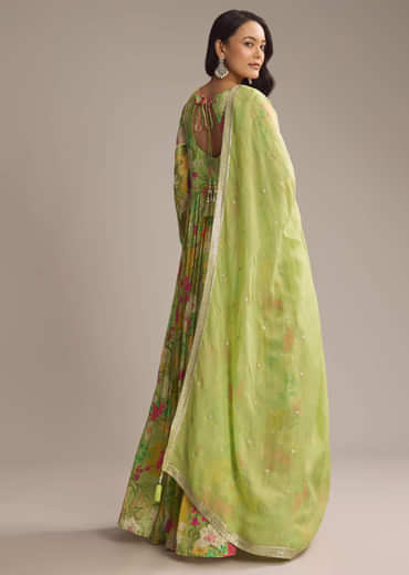 Light Green Chinon Anarkali Suit With Floral Print