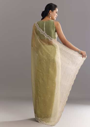 Light Green Glossy Crushed Tissue Saree With Cutdana Sequins Embroidery And Scallop Border