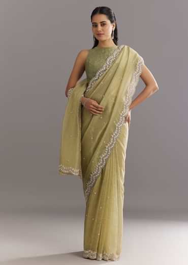 Light Green Glossy Crushed Tissue Saree With Cutdana Sequins Embroidery And Scallop Border
