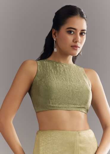 Light Green Glossy Crushed Tissue Saree With Cutdana Sequins Embroidery And Scallop Border