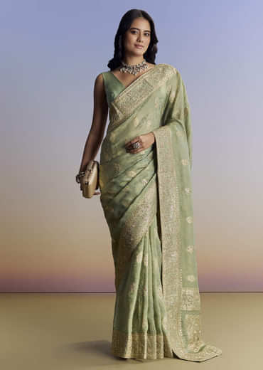Light Green Jacquard Silk Saree With Zari Woven Embroidery