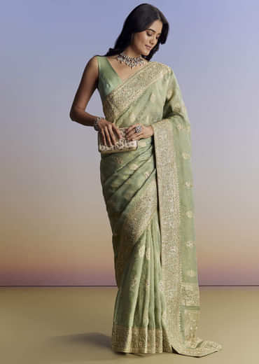 Light Green Jacquard Silk Saree With Zari Woven Embroidery