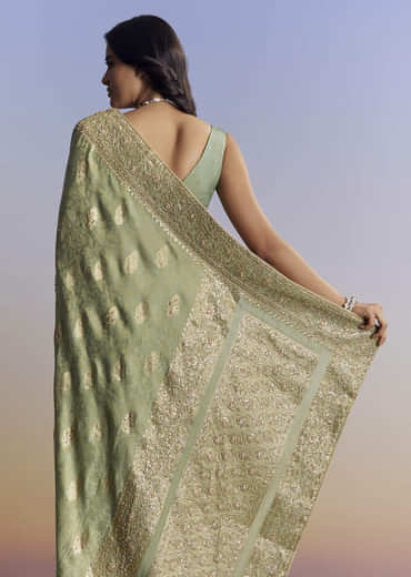 Light Green Jacquard Silk Saree With Zari Woven Embroidery