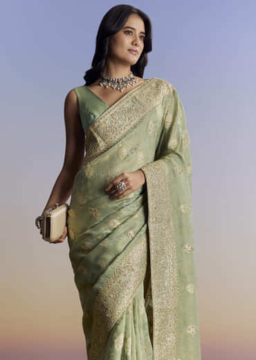 Light Green Jacquard Silk Saree With Zari Woven Embroidery