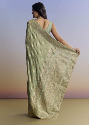 Light Green Jacquard Silk Saree With Zari Woven Embroidery