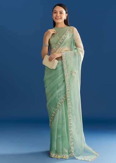 Light Green Organza Tissue Saree With Beaded Scallop Edge