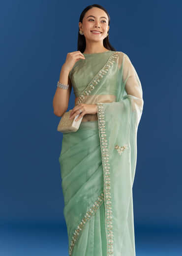 Light Green Organza Tissue Saree With Beaded Scallop Edge