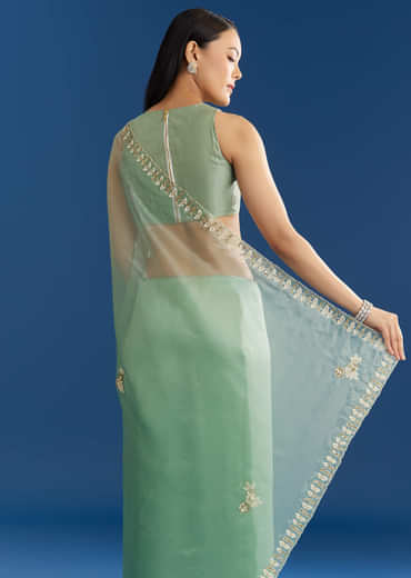Light Green Organza Tissue Saree With Beaded Scallop Edge