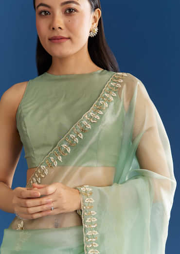 Light Green Organza Tissue Saree With Beaded Scallop Edge