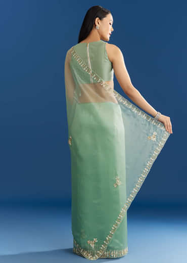 Light Green Organza Tissue Saree With Beaded Scallop Edge