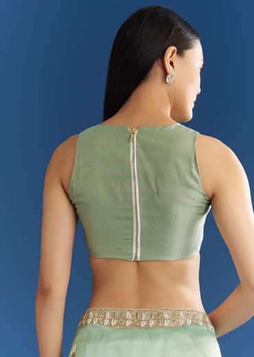 Light Green Organza Tissue Saree With Beaded Scallop Edge