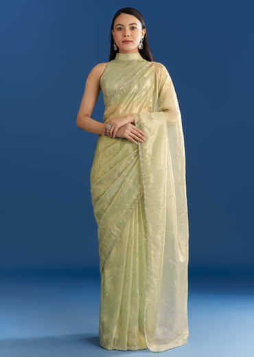 Light Green Organza Tissue Saree With Embroidered Scallop Border
