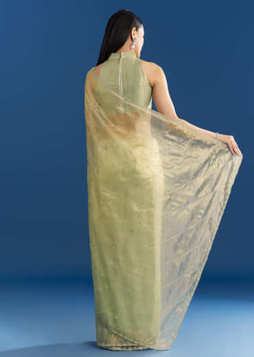 Light Green Organza Tissue Saree With Embroidered Scallop Border