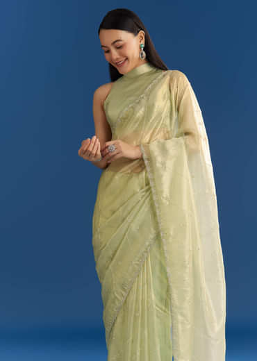 Light Green Organza Tissue Saree With Embroidered Scallop Border