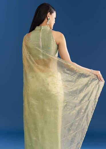 Light Green Organza Tissue Saree With Embroidered Scallop Border