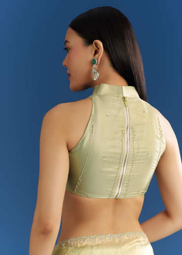 Light Green Organza Tissue Saree With Embroidered Scallop Border