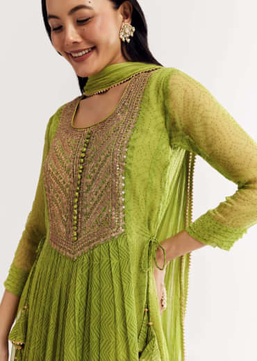 Light Green Printed Chiffon Kurta Dupatta Set With Sequin Work