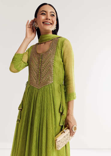 Light Green Printed Chiffon Kurta Dupatta Set With Sequin Work