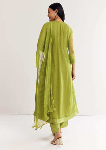 Light Green Printed Chiffon Kurta Dupatta Set With Sequin Work
