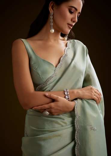Light Green Tissue Saree With Cutdana Embroidery And Scallop Border