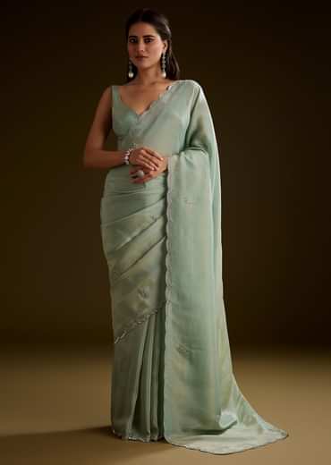 Light Green Tissue Saree With Cutdana Embroidery And Scallop Border