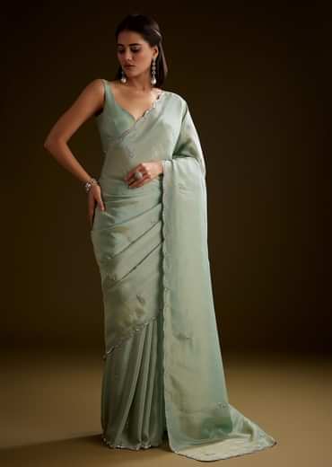 Light Green Tissue Saree With Cutdana Embroidery And Scallop Border