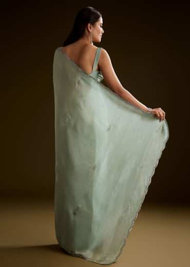 Light Green Tissue Saree With Cutdana Embroidery And Scallop Border