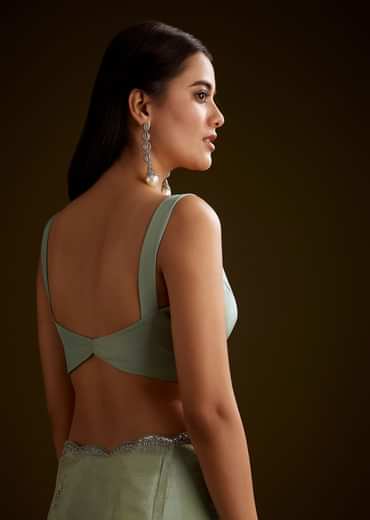 Light Green Tissue Saree With Cutdana Embroidery And Scallop Border