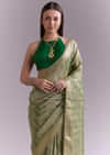 Light Green Tissue Saree With Subtle Weave And Zari Border
