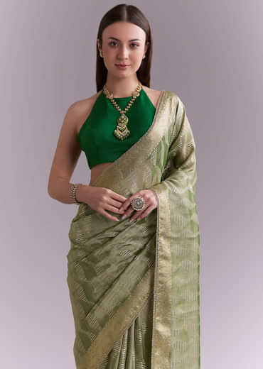 Light Green Tissue Saree With Subtle Weave And Zari Border