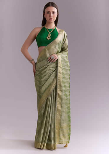 Light Green Tissue Saree With Subtle Weave And Zari Border