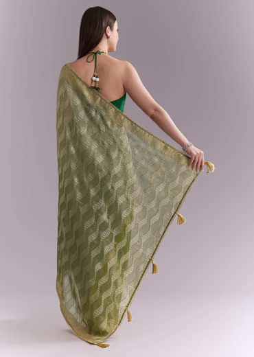 Light Green Tissue Saree With Subtle Weave And Zari Border
