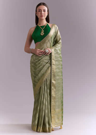 Light Green Tissue Saree With Subtle Weave And Zari Border