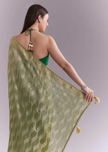 Light Green Tissue Saree With Subtle Weave And Zari Border