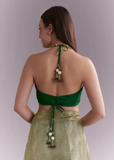 Light Green Tissue Saree With Subtle Weave And Zari Border