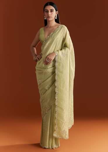 Light Green Tissue Zardosi Saree With Scallop Border