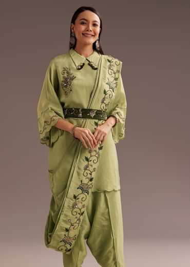 Light Green Zardosi Kurta With Embroidered Dupatta Belt