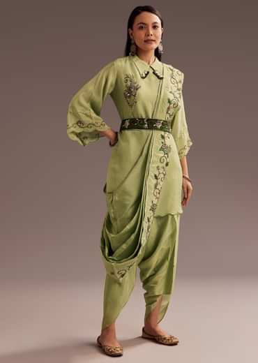 Light Green Zardosi Kurta With Embroidered Dupatta Belt