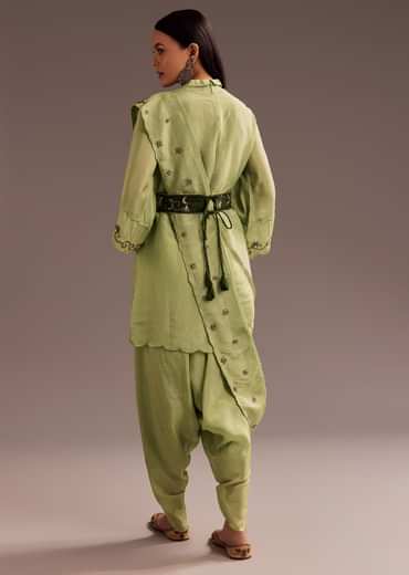Light Green Zardosi Kurta With Embroidered Dupatta Belt