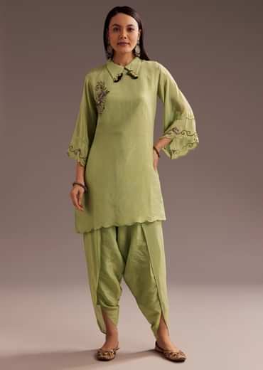 Light Green Zardosi Kurta With Embroidered Dupatta Belt