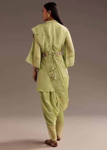 Light Green Zardosi Motif Kurta Dupatta Belt Set