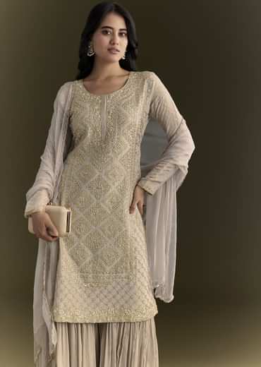 Light Grey Cutdana Zardosi Embroidered Kurta With Scallop Border Dupatta