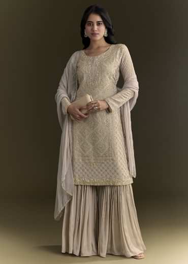 Light Grey Cutdana Zardosi Embroidered Kurta With Scallop Border Dupatta
