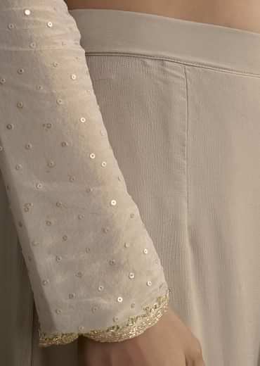 Light Grey Cutdana Zardosi Embroidered Kurta With Scallop Border Dupatta