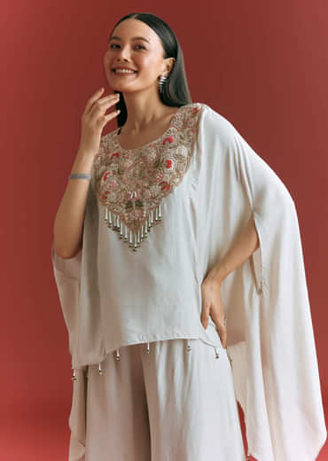 Light Grey Dola Silk Kaftaan Suit With Zardosi Work