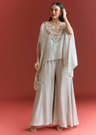 Light Grey Dola Silk Kaftaan Suit With Zardosi Work