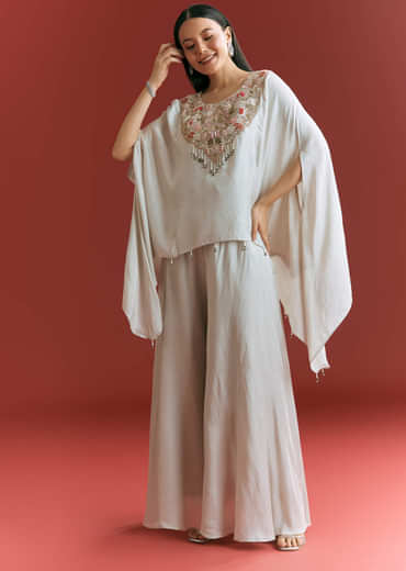 Light Grey Dola Silk Kaftaan Suit With Zardosi Work